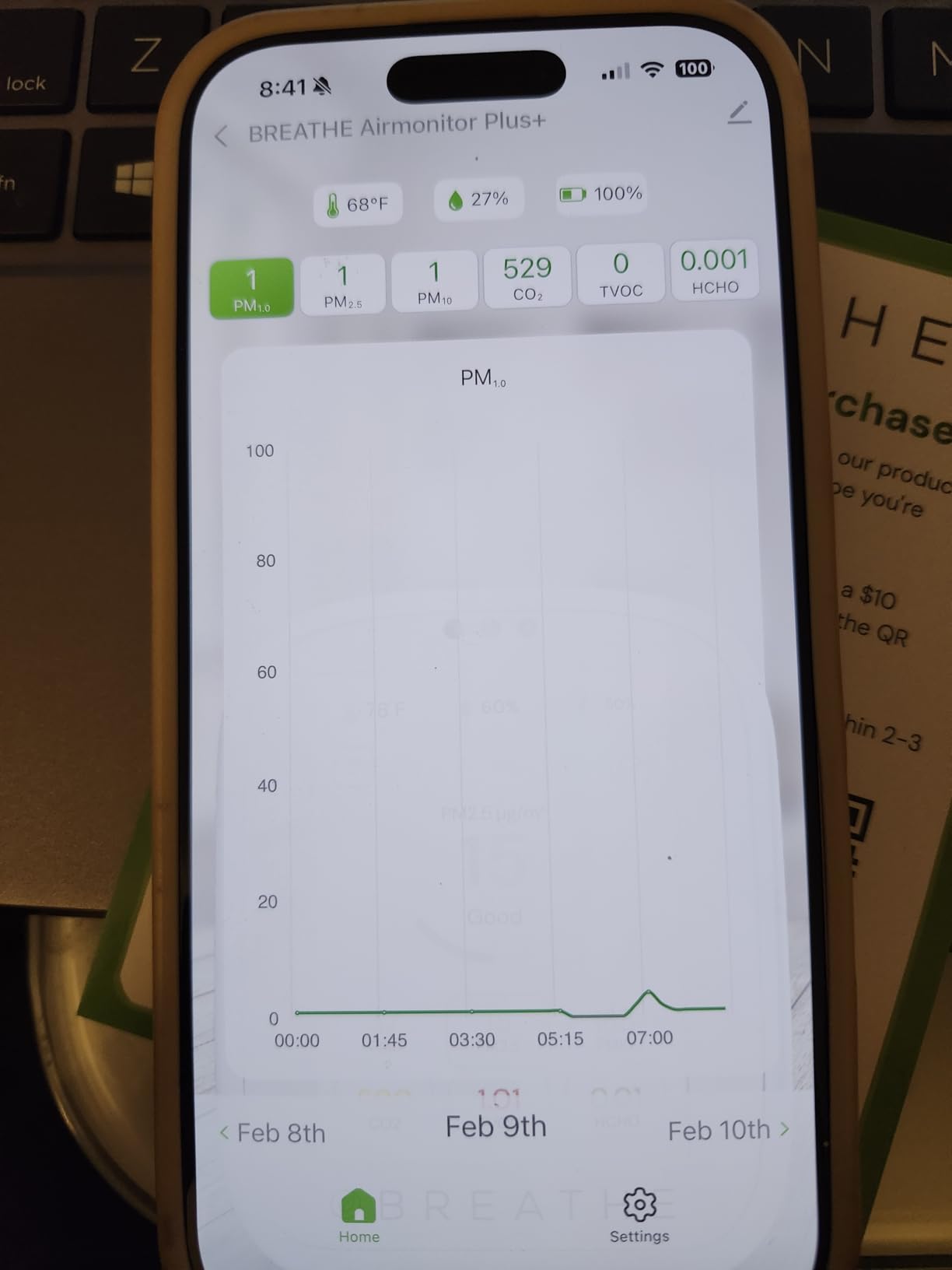 BREATHE Airmonitor Plus Indoor Air Quality Monitor w/CO₂, PM & App. Gen 2. | Professional-Grade NDIR Sensor, PM1, PM10, TVOC, Formaldehyde, Smart Alerts, 90-Day History, CSV Export. 6 Hour Battery Life. customer photo 1