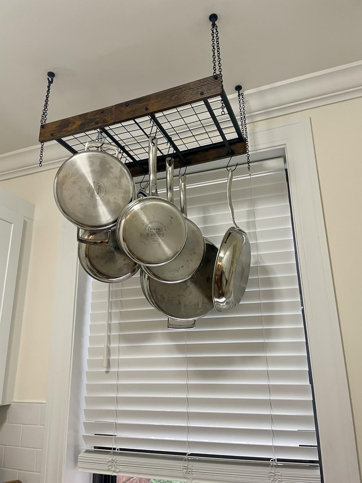 CHOEZON Hanging Pot Rack, Vintage Pot Hangers for Kitchen, Ceiling Mounted Pot Rack, Pot and Pan Hanging Rack with 12 S-Shaped Hooks, for Cookware Storage, Rustic Brown and Black TPR01BF customer photo 2