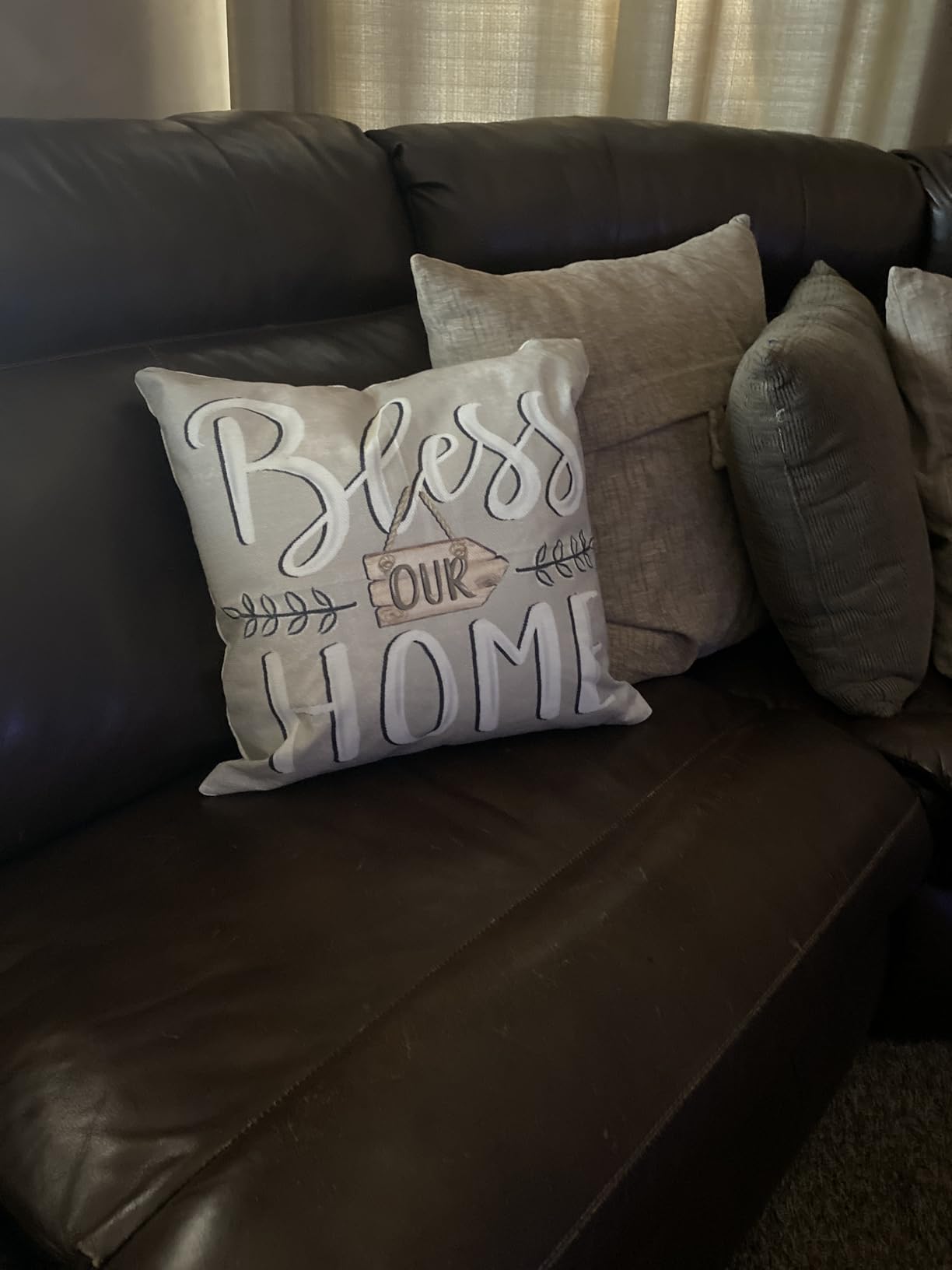 AVOIN colorlife Bless Our Home Farmhouse Eucalyptus Leaves Throw Pillow Covers, 18 x 18 Inch Truck Home Sweet Home Cushion Case Decorations Set of 4 customer photo 2