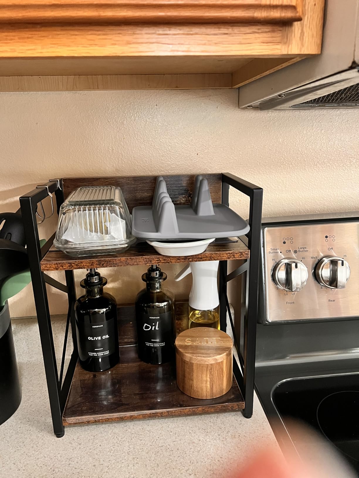 RUILALIFE 2 Tier Kitchen Counter Shelf Organizer, Coffee Bar Station Organizer for Countertop,Space Saving Spice Rack, Desk Shelf Riser, Coffee Bar Accessories(Rustic Brown, Medium) customer photo 1