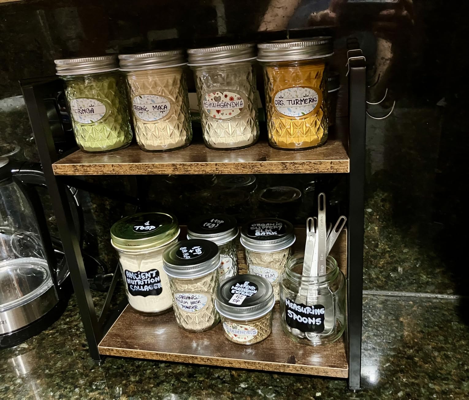 RUILALIFE 2 Tier Kitchen Counter Shelf Organizer, Coffee Bar Station Organizer for Countertop,Space Saving Spice Rack, Desk Shelf Riser, Coffee Bar Accessories(Rustic Brown, Medium) customer photo 2