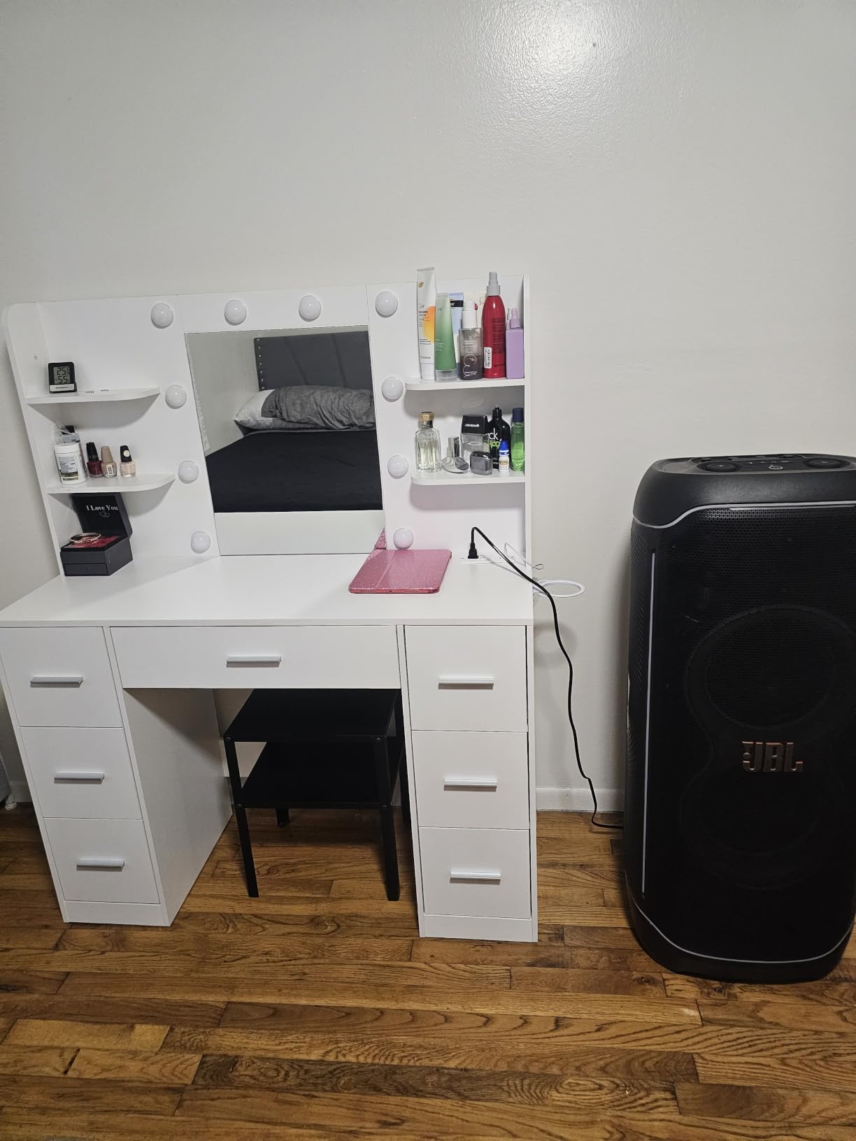 YESHOMY Vanity Desk with Mirror, Outlet, 10 Lights & 7 Drawers,Pure White customer photo 1