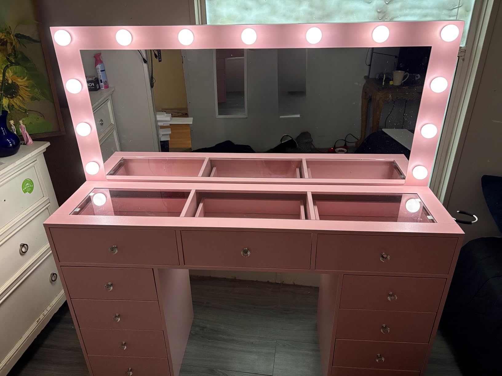 Yanosaku Vanity Desk & Power Outl, Makeup Vanity with Mirror and 12 LED Lights, Makeup Table with 11 Drawers, Vanity Table with Chair,Set 3 Lighting Modes Brightness Adjustable-(White) customer photo 1