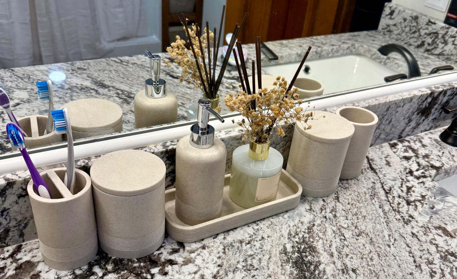 Bathroom Accessories Set, 6-Piece Bathroom Accessory Set, Toothbrush Holders Set, Soap Dispenser, Vanity Tray, Tumbler, Cotton Swab Jars, Bathroom Organizer for Modern Bathrooms(Beige) customer photo 1