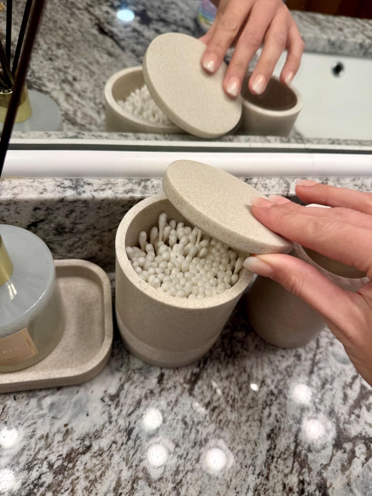 Bathroom Accessories Set, 6-Piece Bathroom Accessory Set, Toothbrush Holders Set, Soap Dispenser, Vanity Tray, Tumbler, Cotton Swab Jars, Bathroom Organizer for Modern Bathrooms(Beige) customer photo 2