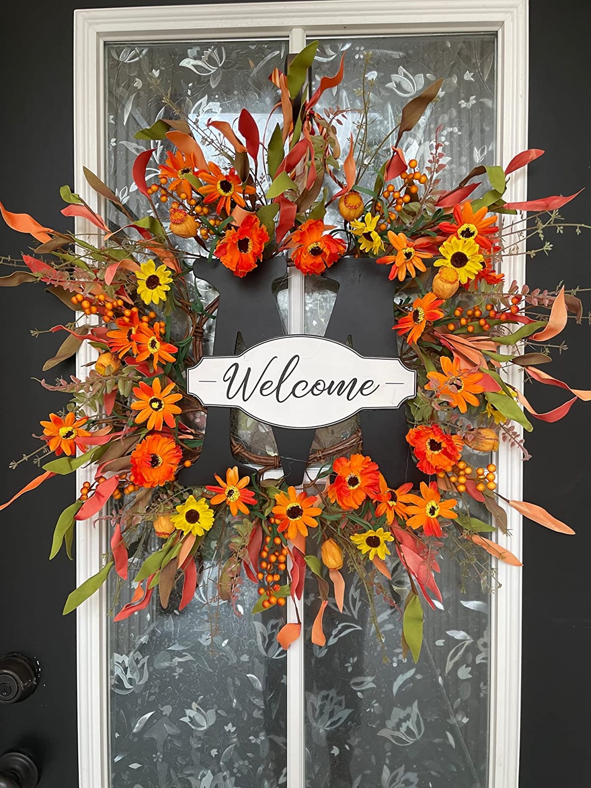 J'FLORU Artificial Fall Wreath 22 Inch Autumn Wreaths for Front Door Orange Daisy Wreath with Wildflowers Berries for Indoor Outdoor Wall Farmhouse Thanksgiving Day Harvest Festival Celebration customer photo 1