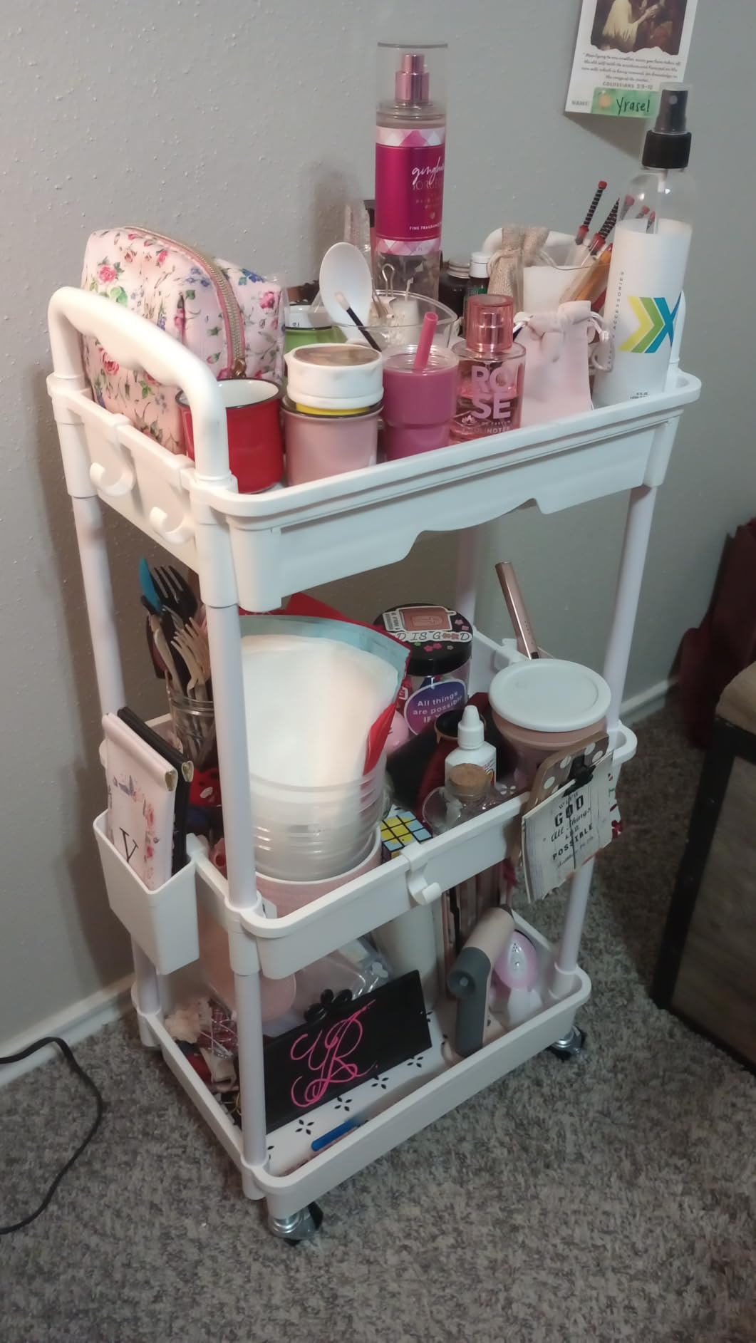 SUNALLY 3 Tier Rolling Cart with Drawer, Craft Storage Cart Organizer,White customer photo 2
