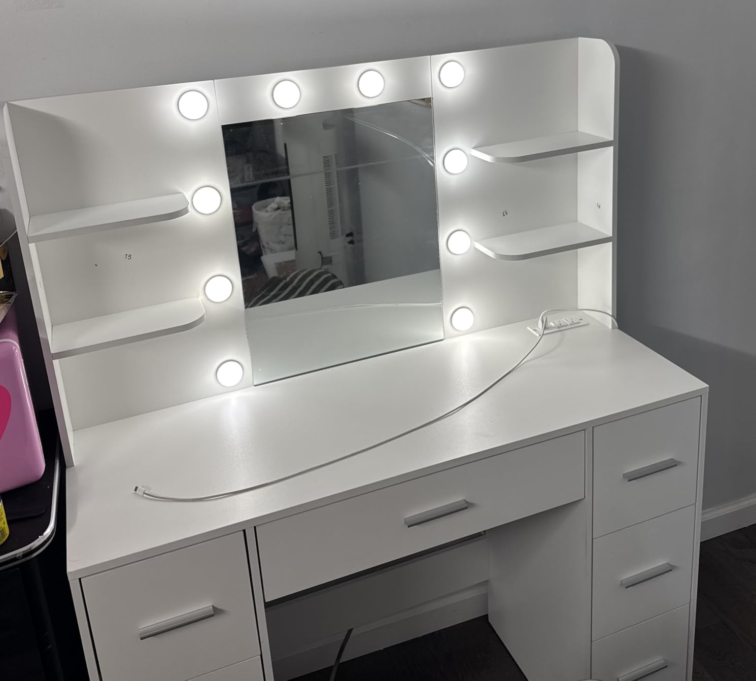 Furmax Vanity Desk with LED Mirror,Power Outlet,7 Drawers Makeup Table customer photo 1