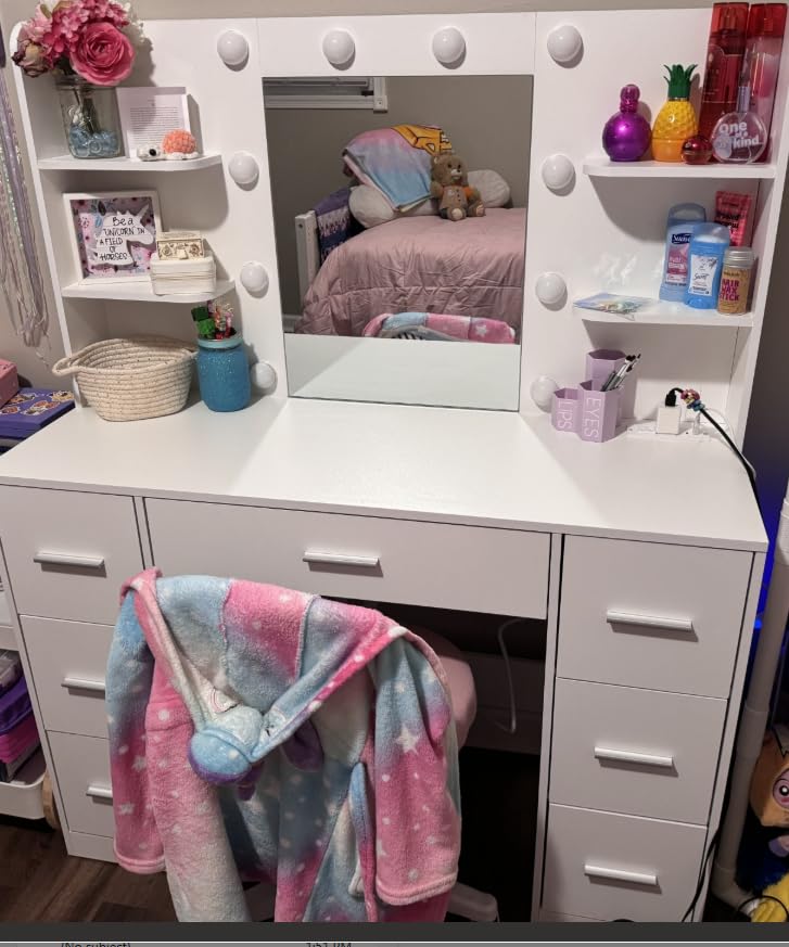 Furmax Vanity Desk with LED Mirror,Power Outlet,7 Drawers Makeup Table customer photo 2
