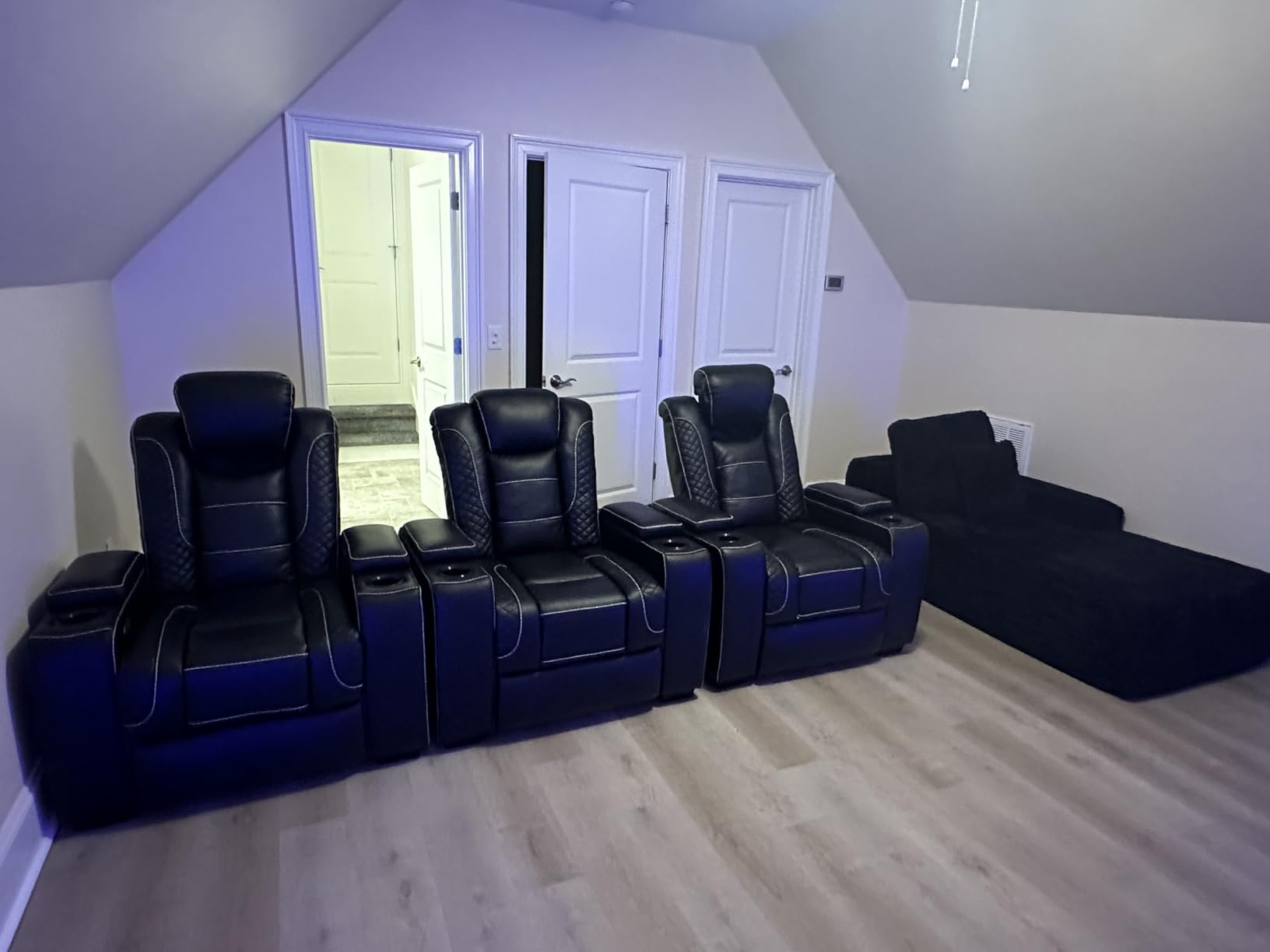ANJ Power Home Theater Seating, PU Leather Electric Recliner Chair with Adjustable Headrest, Dual Motors Movie Reclining Chairs with LED Lights,USB Port, Cup Holders, Hidden Arm Storage (Blue & Black) customer photo 2