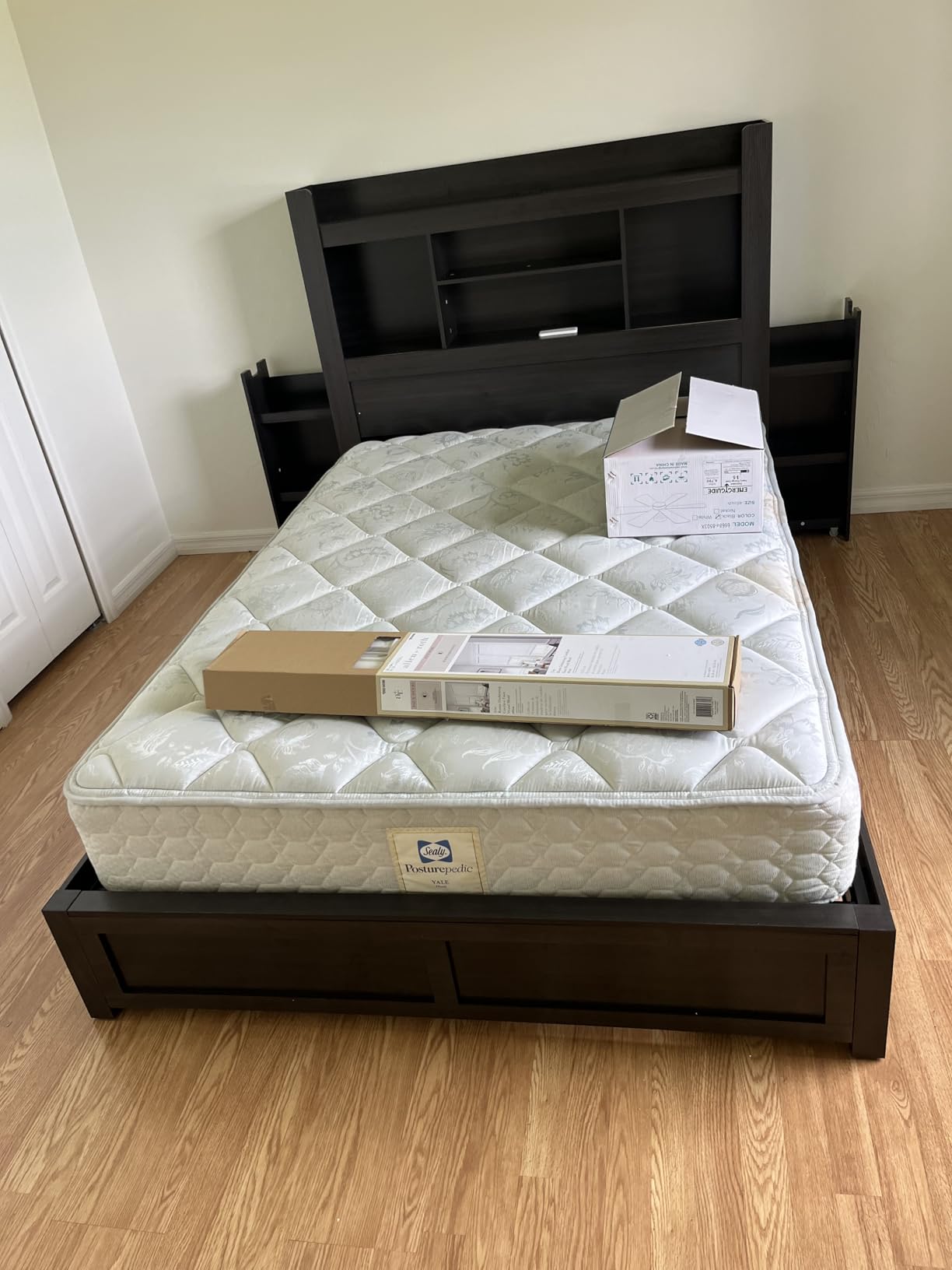 AMERLIFE King Bed Frame with Bookcase Headboard & Storage, Black | 49.6
