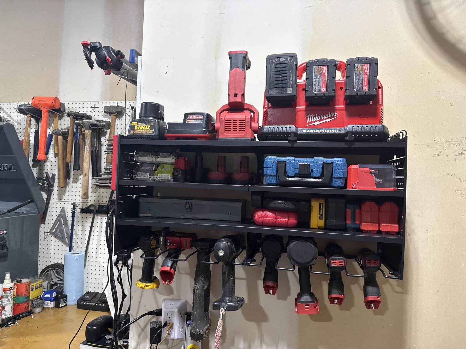 POKIPO Large Power Tool Organizer Wall Mount with Charging Station,4 Layer Heavy Duty Metal Tool Storage Rack Loads 600lbs with 8 Cordless Drill Holder,Battery Utility Rack Loads with 4 Power Strip customer photo 2