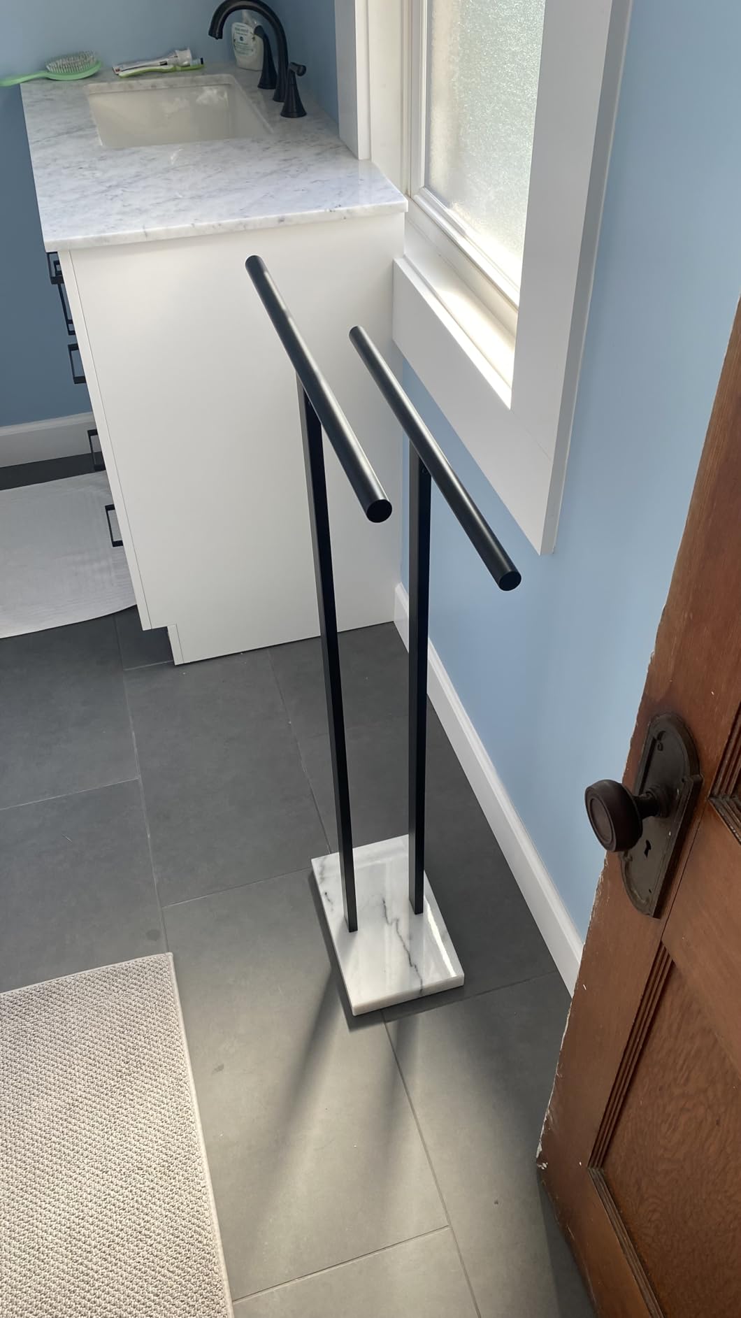 KOKOSIRI Towel Rack Free Standing Brushed Nickel 2-Tier Towel Holder for Bathroom Floor Stand with Heavy Marble Base Thicken Steady Design Stainless Steel THS0005-BR customer photo 2
