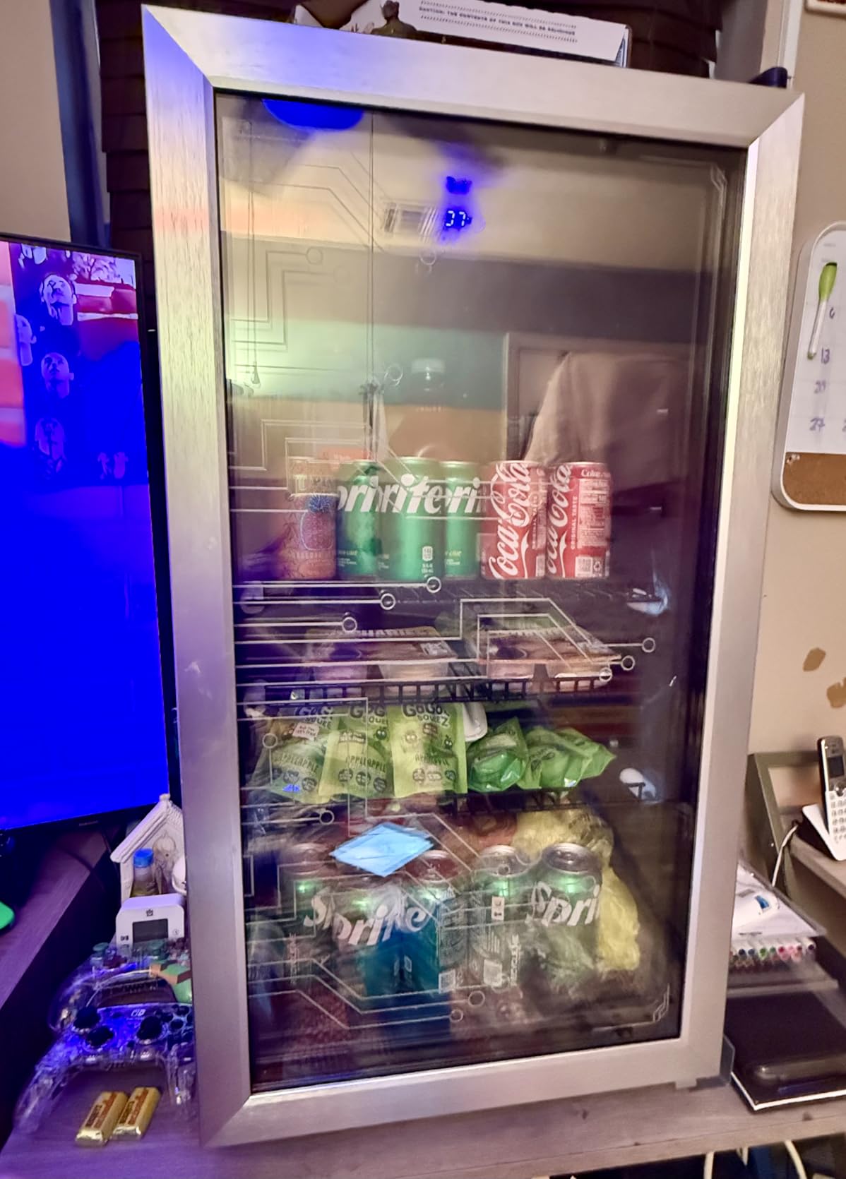 Cyberpunk Beverage Cooler, 130 Can Mini Fridge, LED Light Door, Gaming Room | Colorful LED Ambient Lighting, Freestanding for Bar & Party, Adjustable Shelves for Cans & Bottles customer photo 1