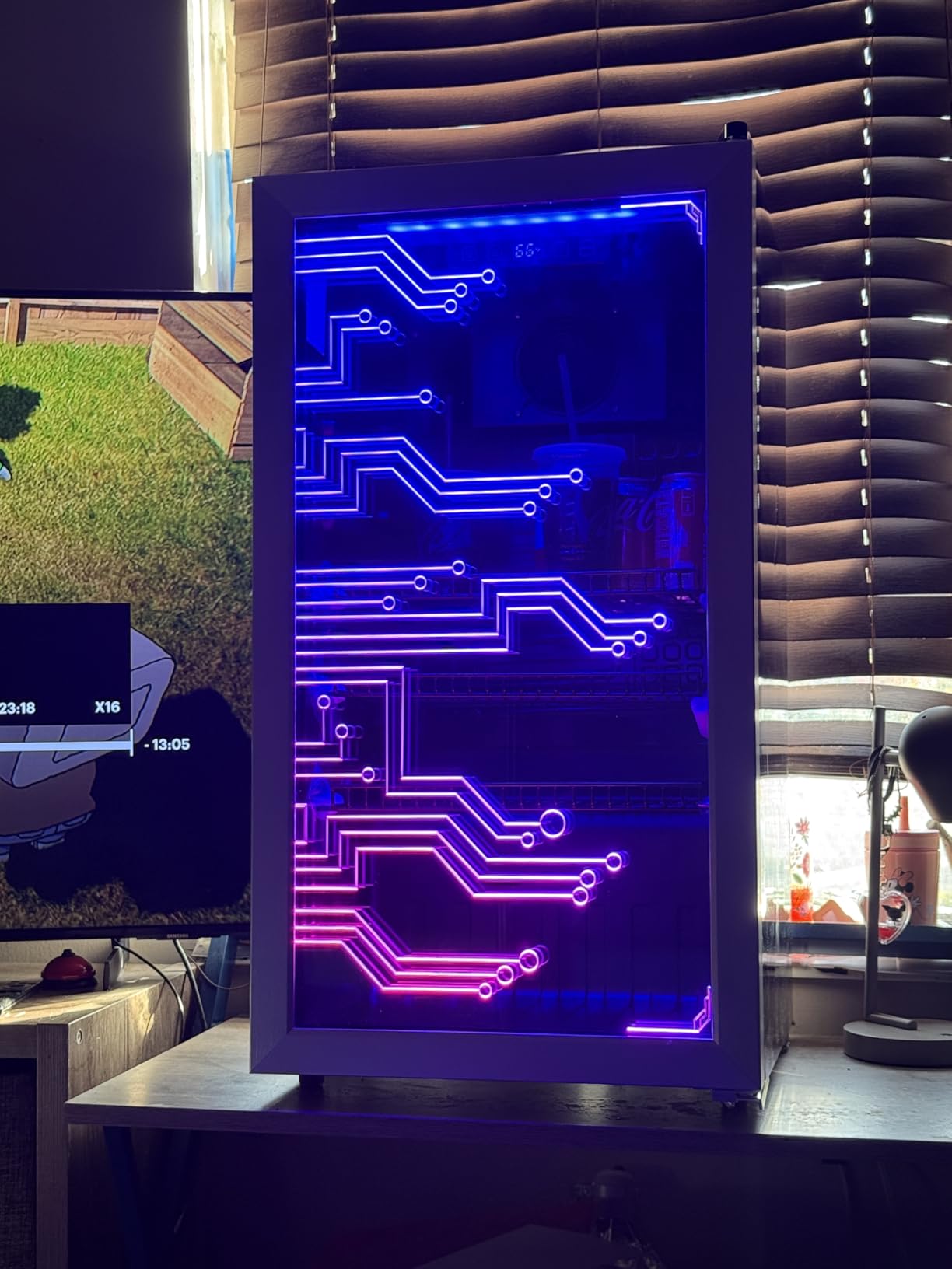 Cyberpunk Beverage Cooler, 130 Can Mini Fridge, LED Light Door, Gaming Room | Colorful LED Ambient Lighting, Freestanding for Bar & Party, Adjustable Shelves for Cans & Bottles customer photo 2