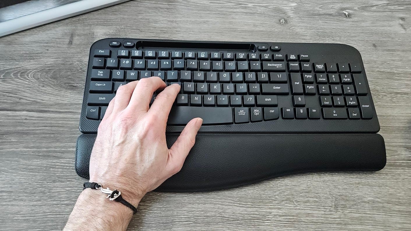 EAYBLLY 2.4G Wireless Ergonomic Keyboard, Full Size Wave Keys with Memory Foam Wrist Rest & 7.28in Phone Holder, USB-C Adapter Included for Windows Mac Chrome OS, Office or Home (Black) customer photo 1