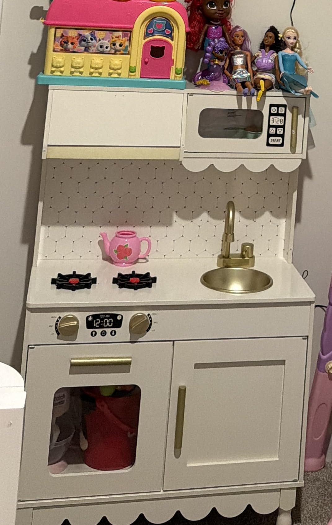 Best Choice Products Toddler Kitchen Playset, Wooden Cottage Kids Play Kitchen with 5 Accessories, Toy Storage, Scalloped Edge, and Pretend Play Microwave, Oven, Clicking Knobs - Pink customer photo 1