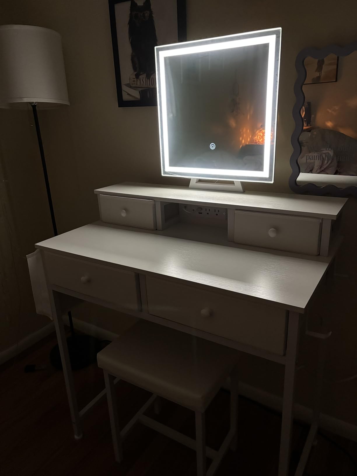 White Makeup Vanity Desk with Mirror and Lights, Vanity Set with Chair, Make Up Dresser Table with Drawers and Power Outlet for Girls Bedroom Small Space customer photo 1