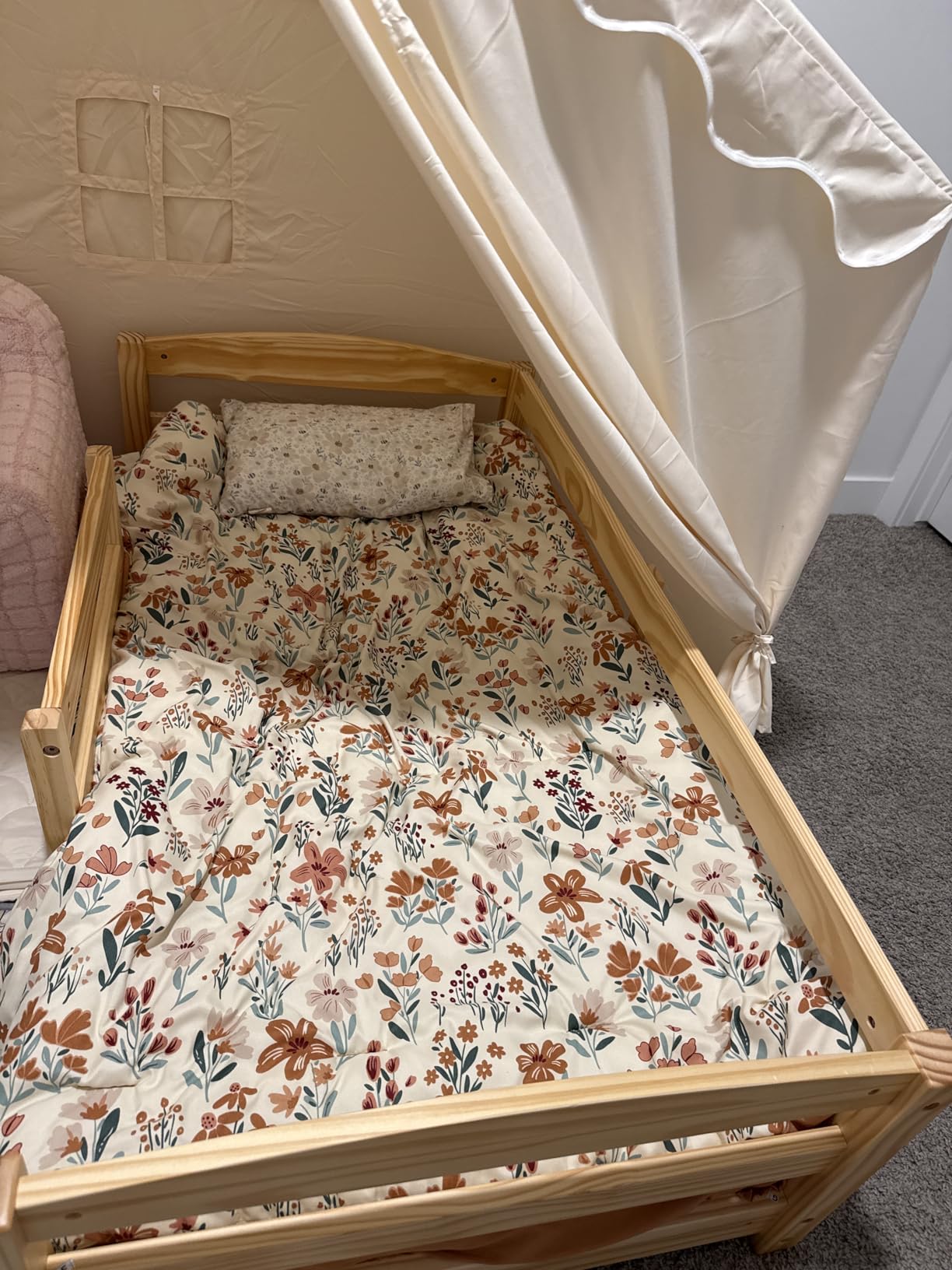 Ocodile Toddler Bed with Rails | Low Montessori Floor Bed Frame for Kids | Standard Crib Size Wooden Frame for Independent Toddlers 1-3 - White customer photo 1