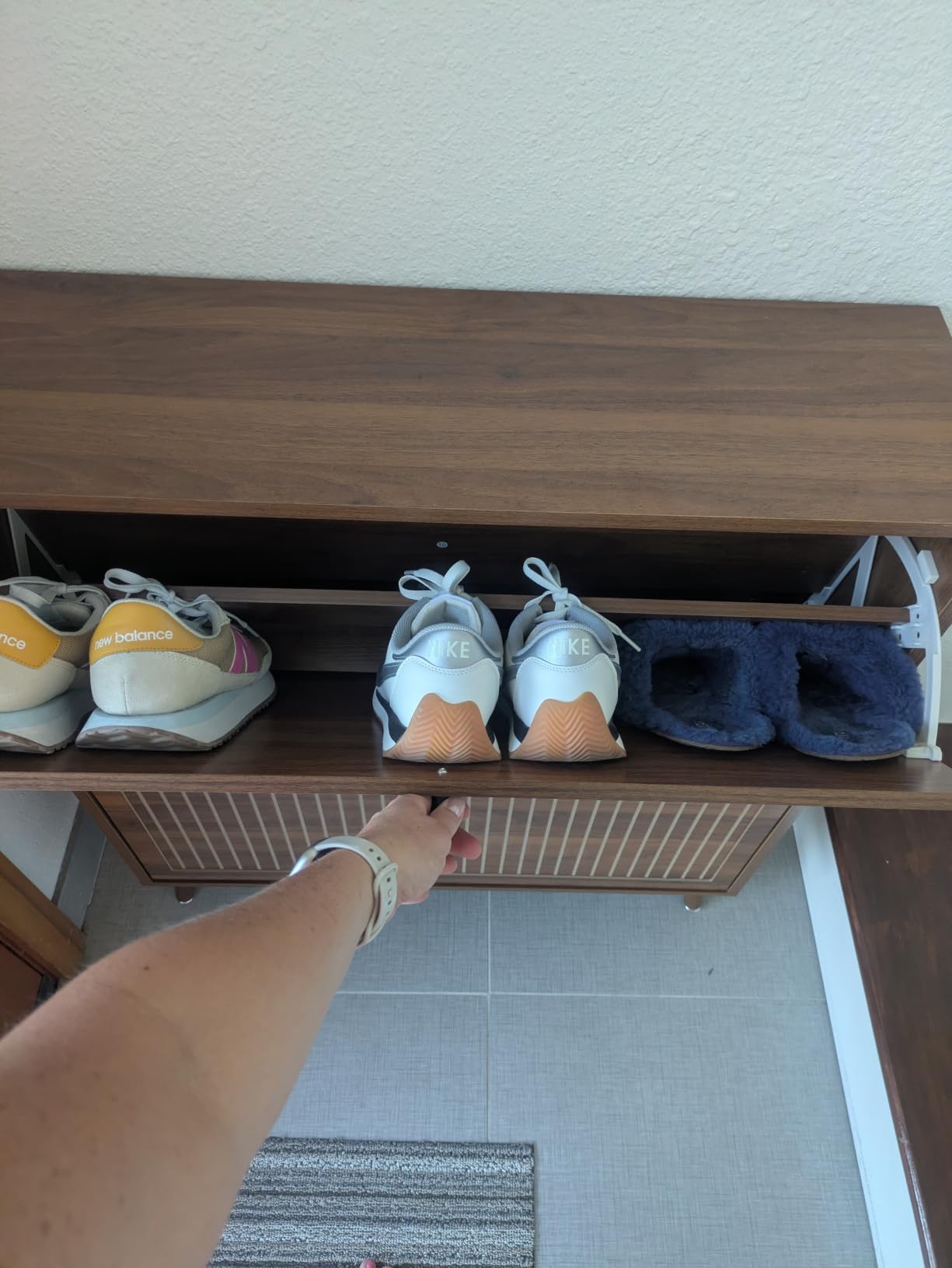 Fsbecl Shoe Cabinet Storage for Entryway with 2 Fluted Flip Drawers, Modern Freestanding Narrow Shoe Organizer with Adjust Shelves, Wooden Hidden Shoe Rack for Foyer, Hallway, Walnut customer photo 1