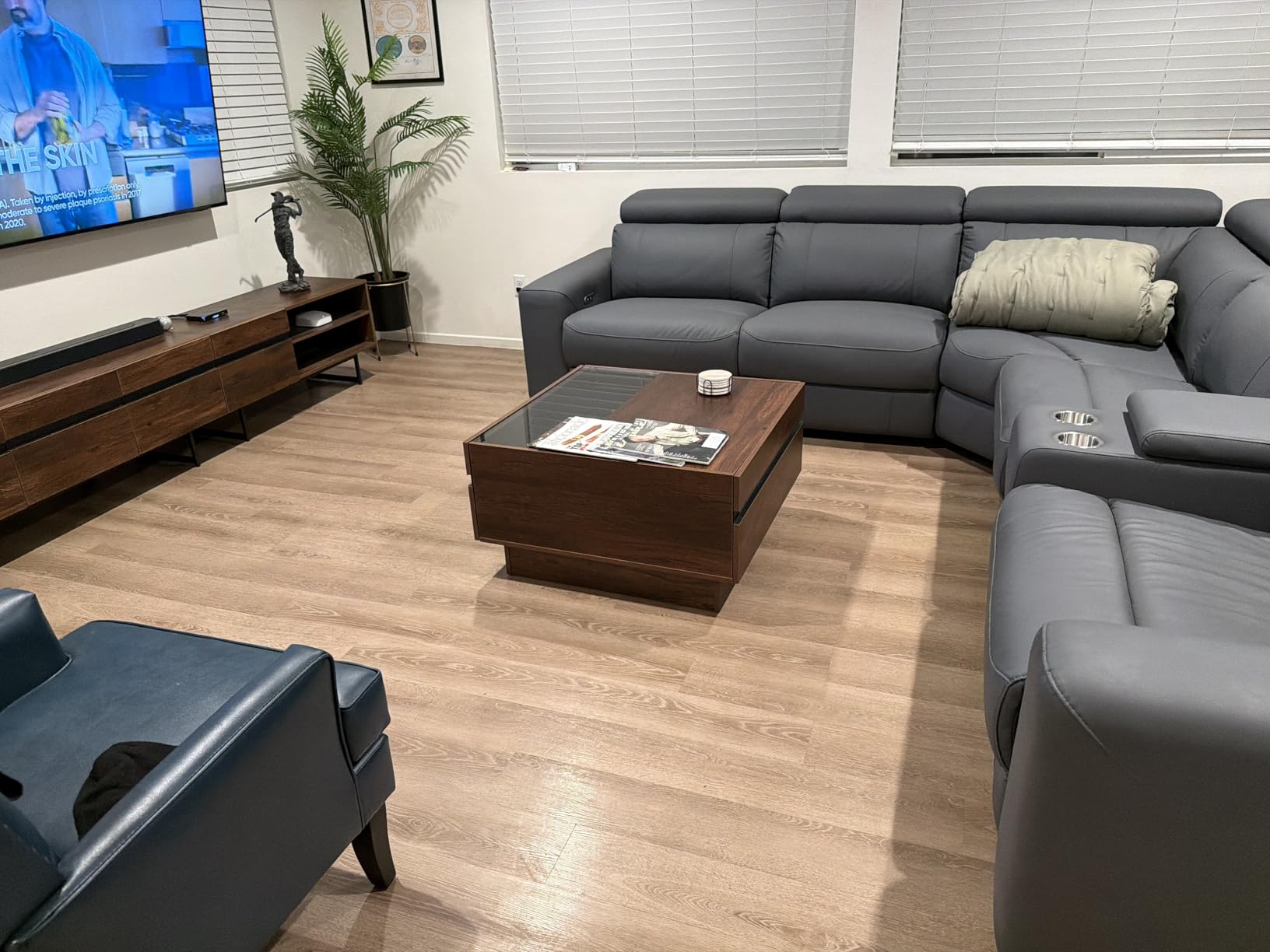 Power Reclining Sectional, Sectional Recliner, Leather Reclining Sectional | Electric Reclining Couch with Storage & USB, Console, Adjustable Headrest & Cup Holders for Living Room, 5-Seater Brown customer photo 1