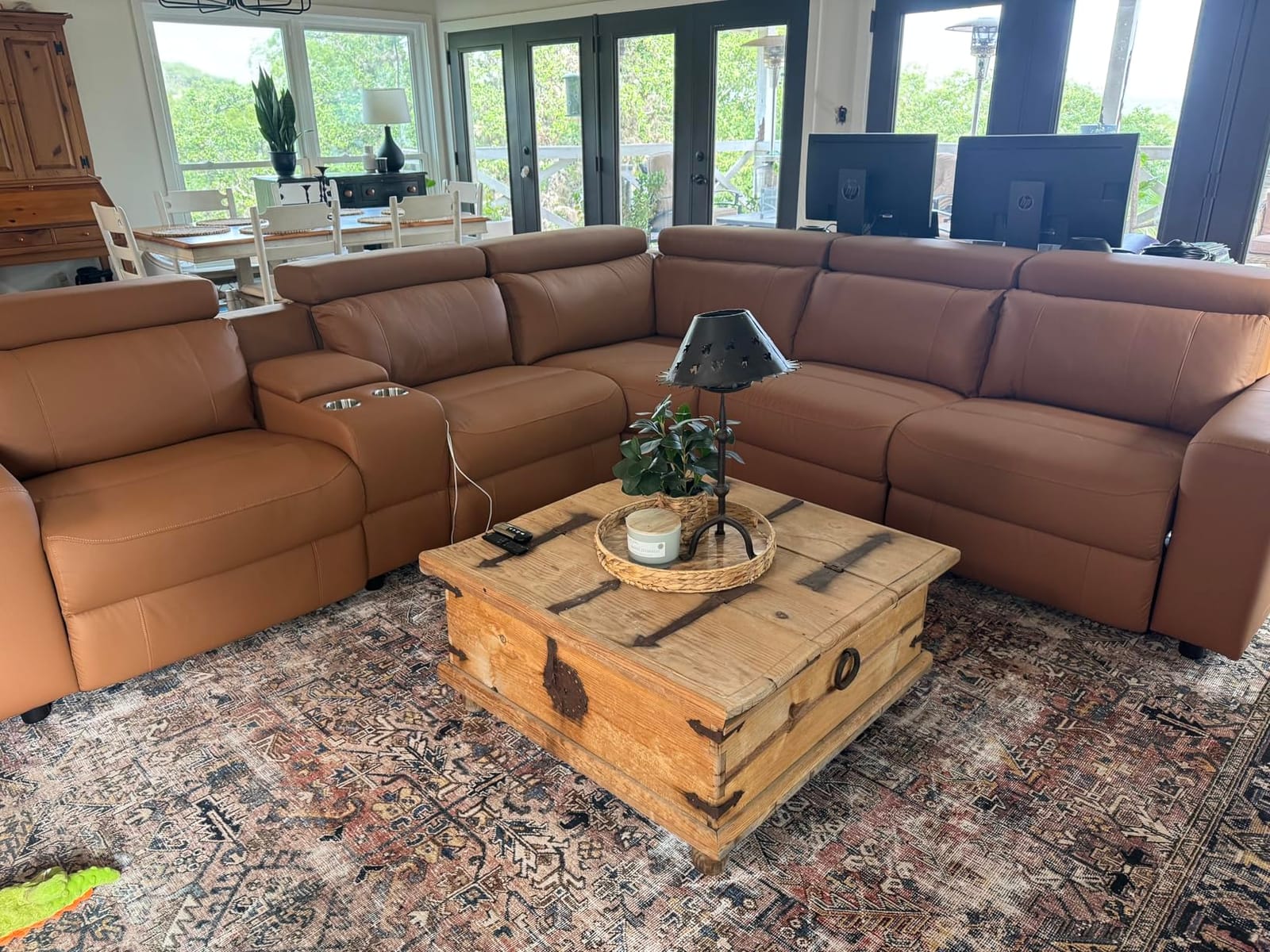 Power Reclining Sectional, Sectional Recliner, Leather Reclining Sectional | Electric Reclining Couch with Storage & USB, Console, Adjustable Headrest & Cup Holders for Living Room, 5-Seater Brown customer photo 2