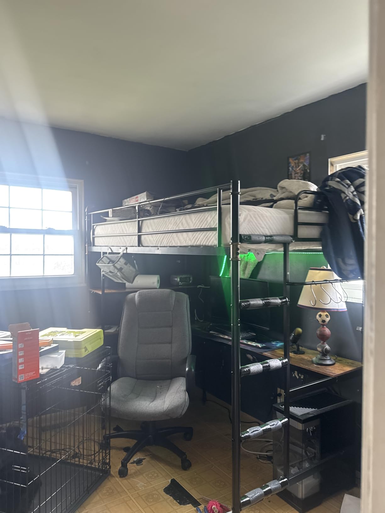 Twin Size Loft Bed with L-Shaped Desk, LED Lights, Charging Station, Industrial Heavy Duty Metal Loft Bed Frame with 3 Storage Shelves and 3 Fabric Drawers, Safety Guard & Ladder, Vintage Brown customer photo 1