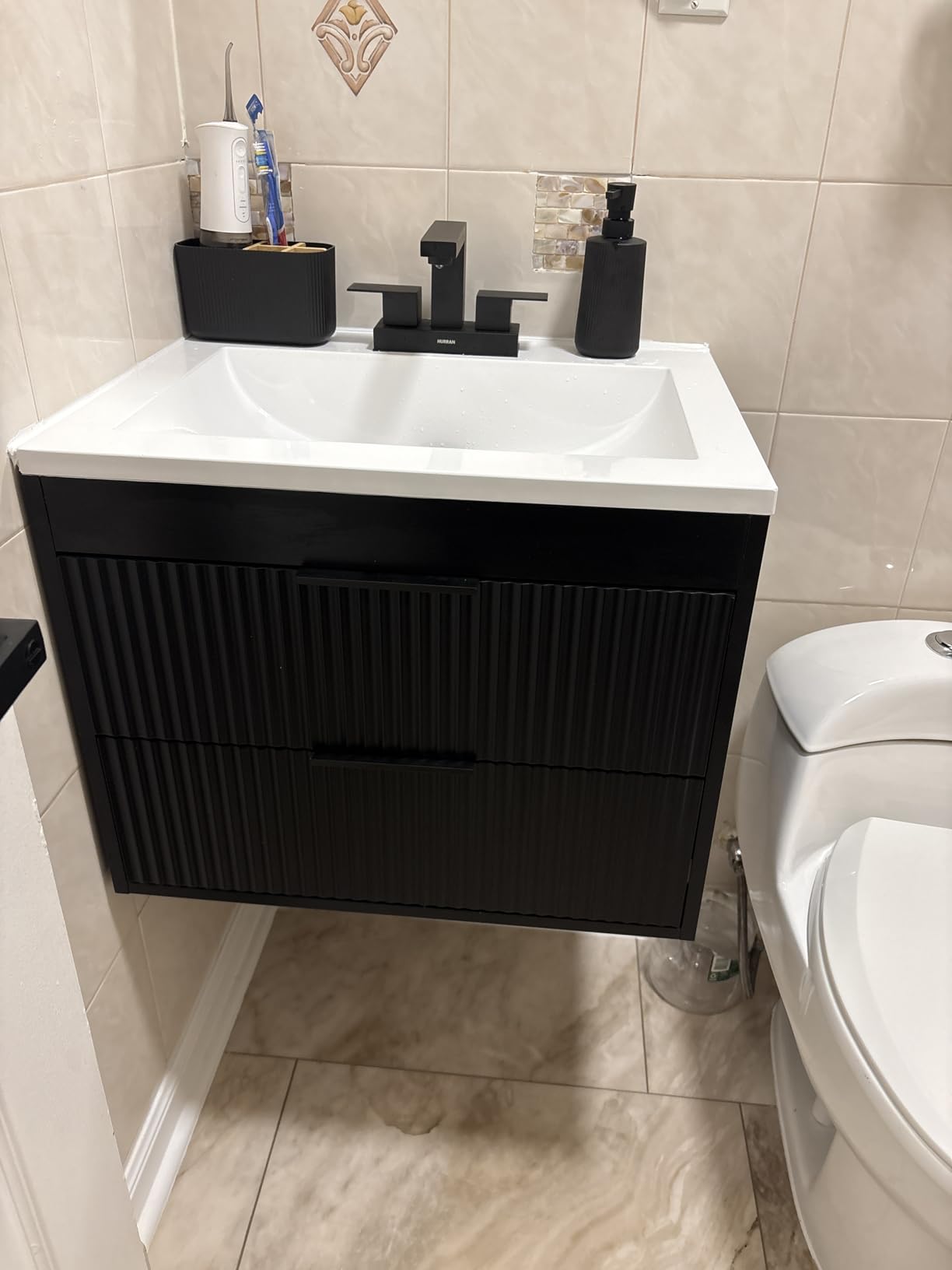 24 Inches Modern MDF Bathroom Vanity with Sink, Wall Mounted Floating Cabinets w/Double Drawers, Black Handles, White Resin Sink Combo Set (White, 24