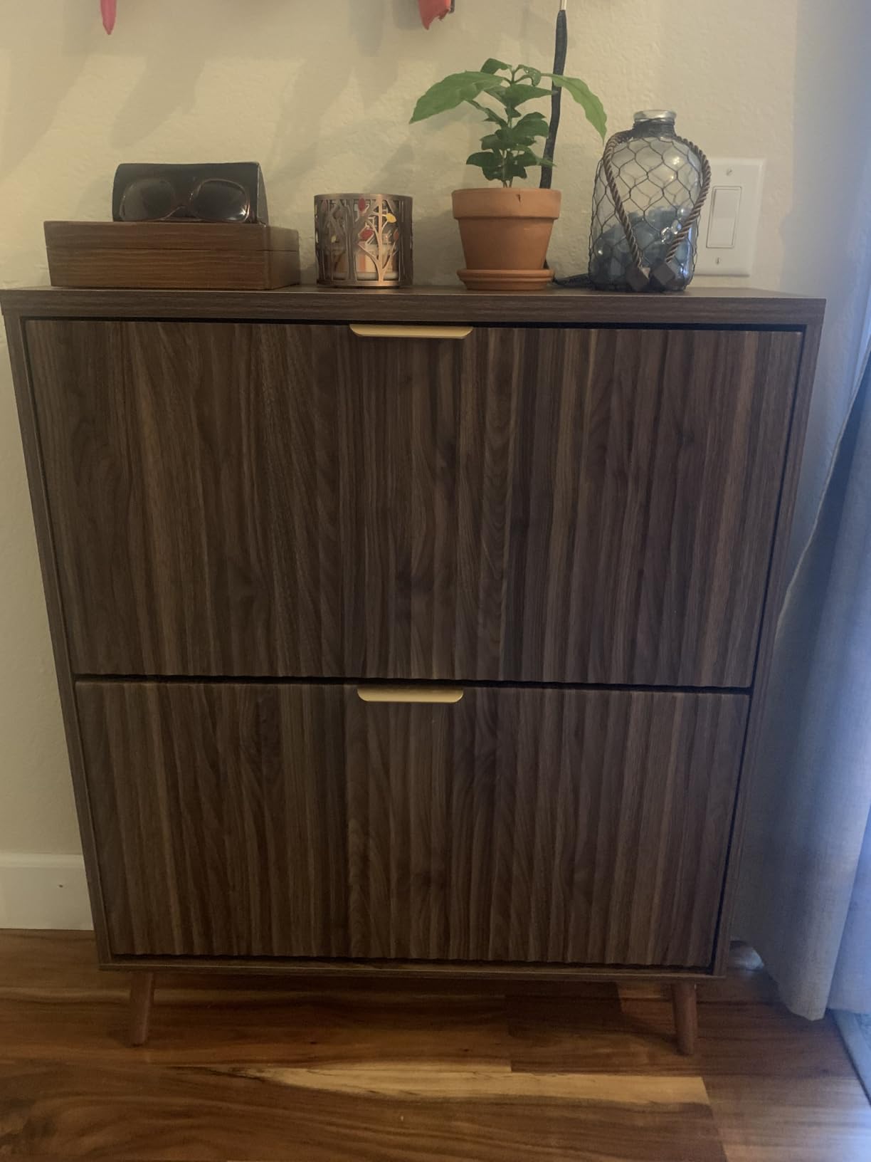 Shoe Cabinet Storage, Modern Freestanding Organizer with 2 Flip Drawers, Narrow Shoe Rack for Entryway, Walnut customer photo 2