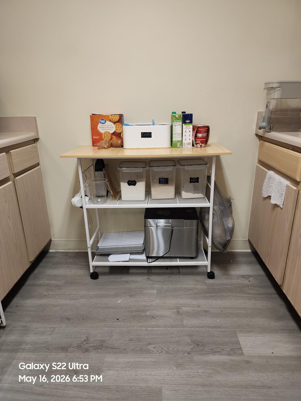 Kitchen Island with 3 Shelves, Rolling Kitchen Cart with 6 Hooks and Protective Shelf, Microwave Stand on Lockable Wheels, Bakers Rack Coffee Bar for Dining, Living Room, Outdoor, Metal Frame customer photo 2