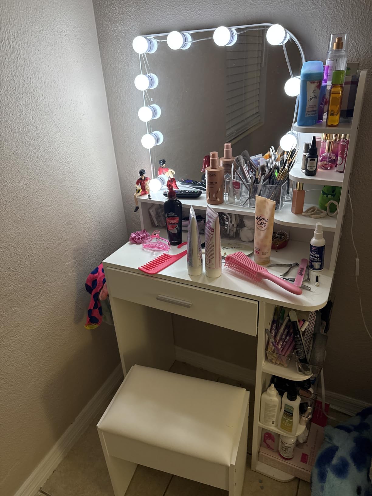 wanan Small Vanity, Set with Chair, Big Mirror & Lights, for Girls, White | Small footprint, huge storage, 14.2x26.5x54.4 inches, 6 shelves+drawer, outlet+hairdryer rack, 10 bright bulbs, dimmable & memory customer photo 1