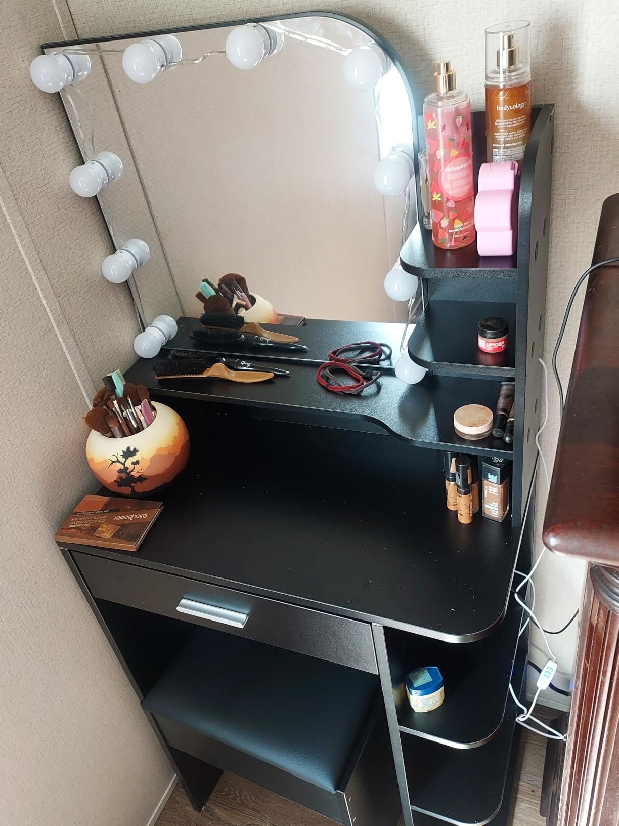 wanan Small Vanity, Set with Chair, Big Mirror & Lights, for Girls, White | Small footprint, huge storage, 14.2x26.5x54.4 inches, 6 shelves+drawer, outlet+hairdryer rack, 10 bright bulbs, dimmable & memory customer photo 2