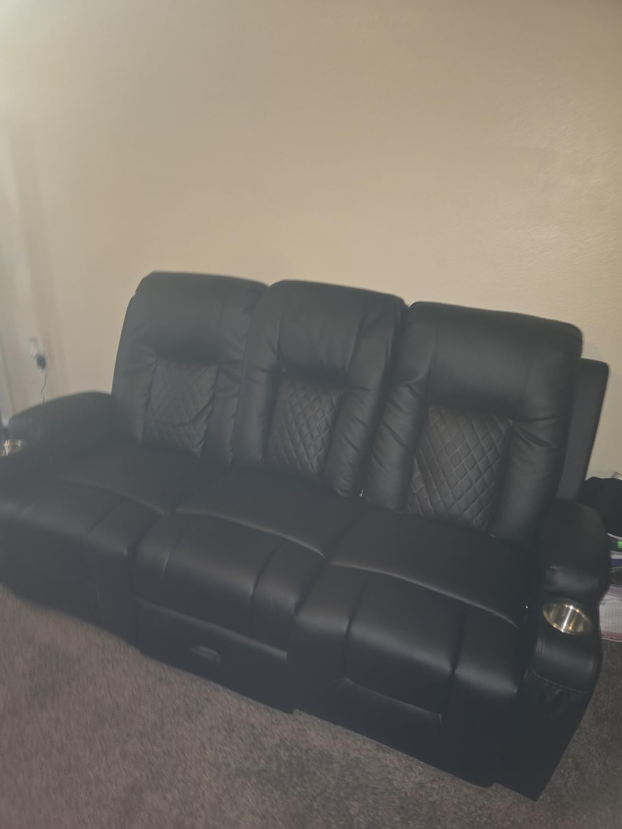 FURNIMAT Loveseat Recliner Sofa, 3 Seater Dual Reclining Sofa with Flip Back Console, Modern PU Leather Loveseat Couch for Living Room/RV, with Storage, USB Ports, Cup Holder, Cell Phone Holder, Gray customer photo 2