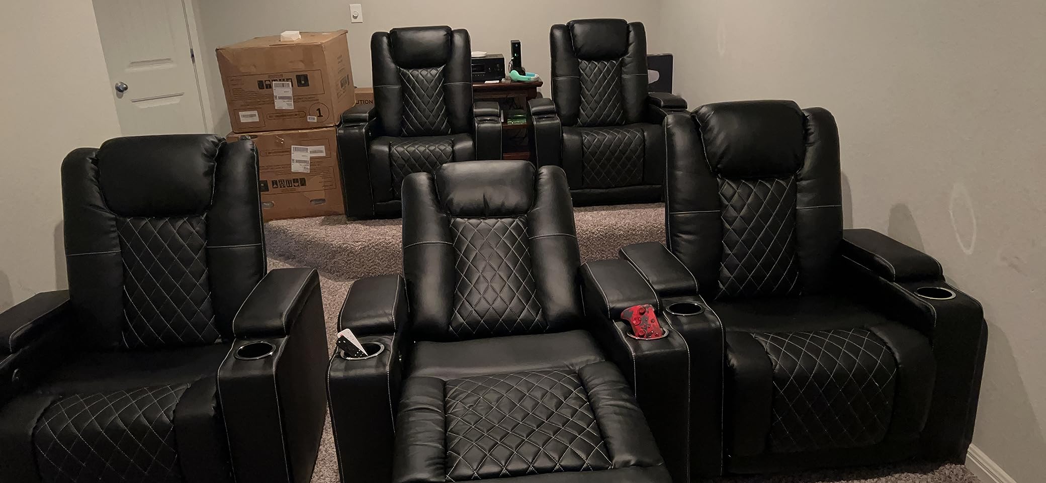 ANJ PU Leather Recliner Chair, Power Movie Theater Chairs with USB Port, Electric Home Theater Seating for Media Room with Blue Ambient Lighting, Hidden Arm Storage, Cup Holders (Black) customer photo 2