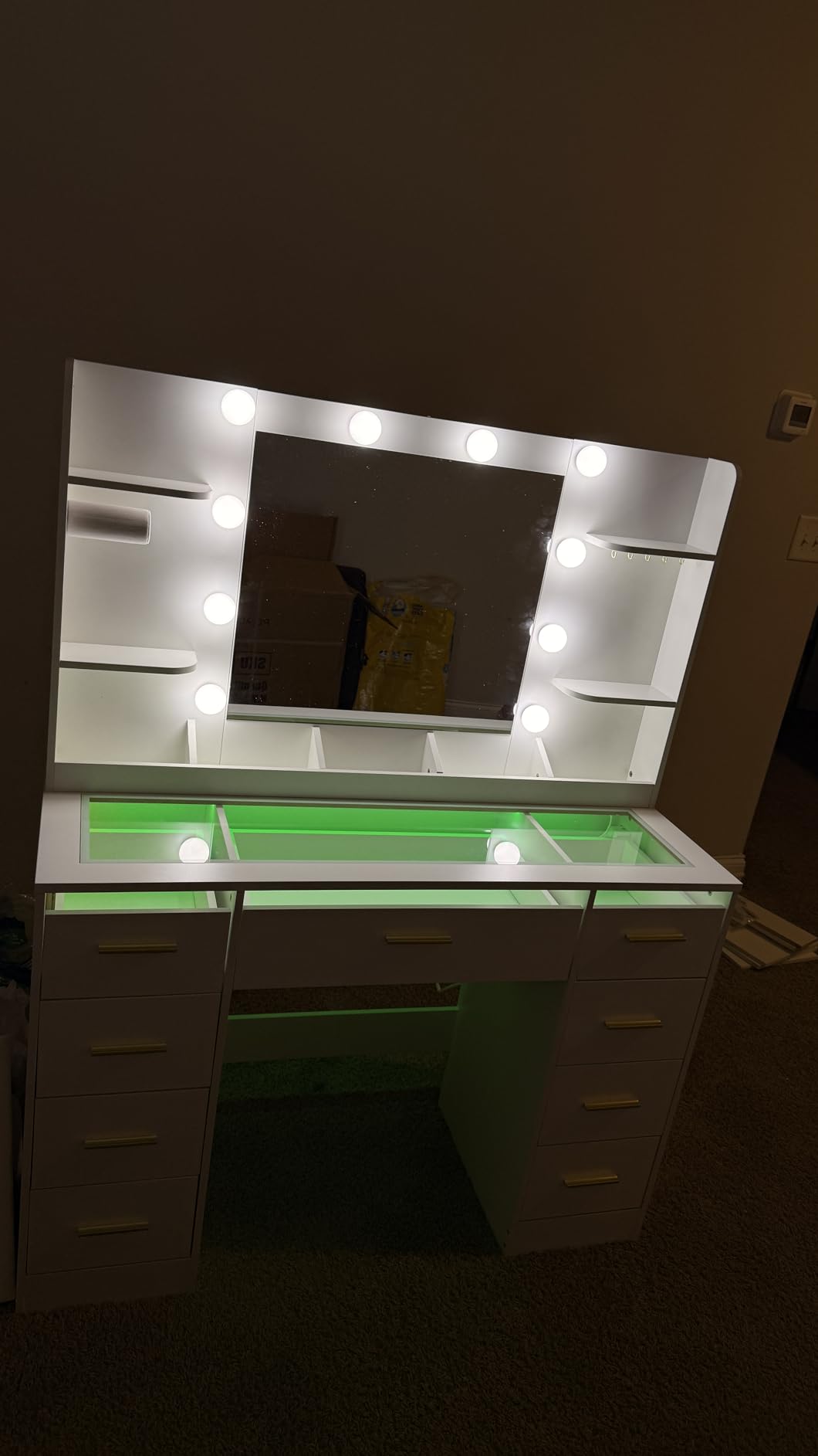 ANWBROAD Large Vanity Desk with Mirror and Lights & Transparent Glass Top | 3 Colors Makeup Vanity Table Set with 9 RGB Drawers, Power Outlet, White Vanity Stool and 4 Shelves for Bedroom customer photo 1