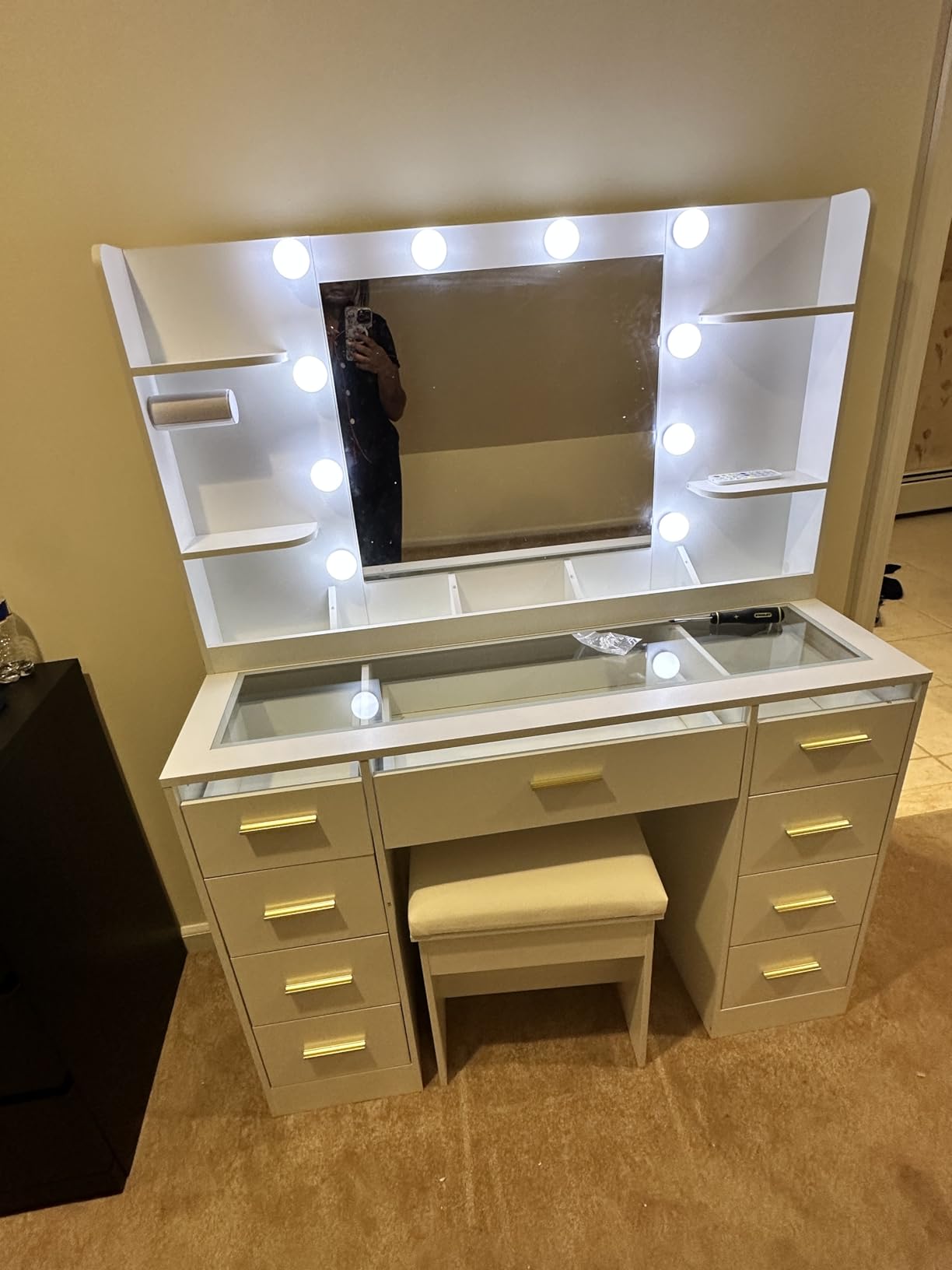 ANWBROAD Large Vanity Desk with Mirror and Lights & Transparent Glass Top | 3 Colors Makeup Vanity Table Set with 9 RGB Drawers, Power Outlet, White Vanity Stool and 4 Shelves for Bedroom customer photo 2