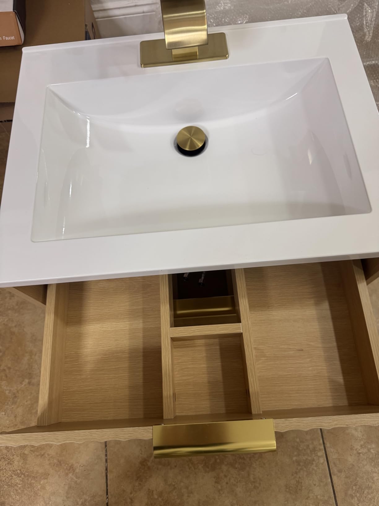 30 Inch Bathroom Vanity with Sink, Modern Floating Bathroom Vanity with Resin Sink, 2 Large Storage Darwers, Wood Grain Texture Wall Mounted Vanity, Gold Handles customer photo 1