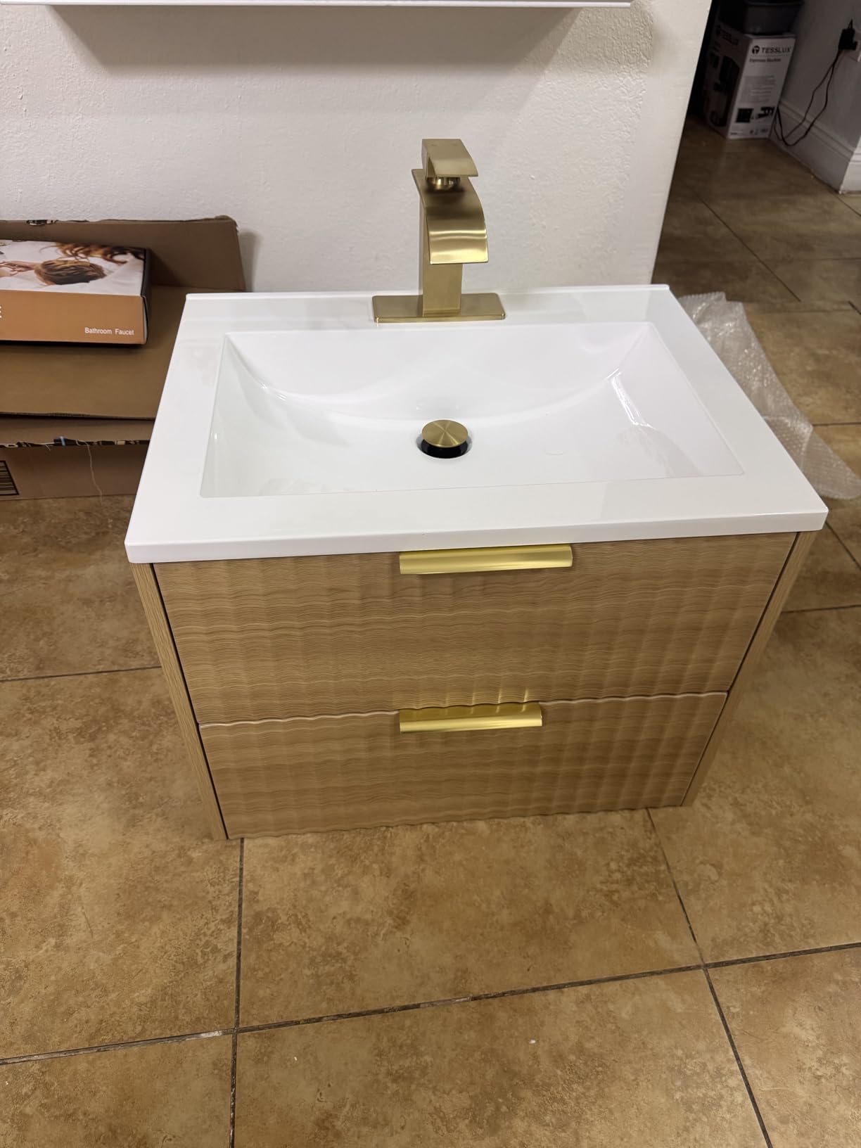 30 Inch Bathroom Vanity with Sink, Modern Floating Bathroom Vanity with Resin Sink, 2 Large Storage Darwers, Wood Grain Texture Wall Mounted Vanity, Gold Handles customer photo 2