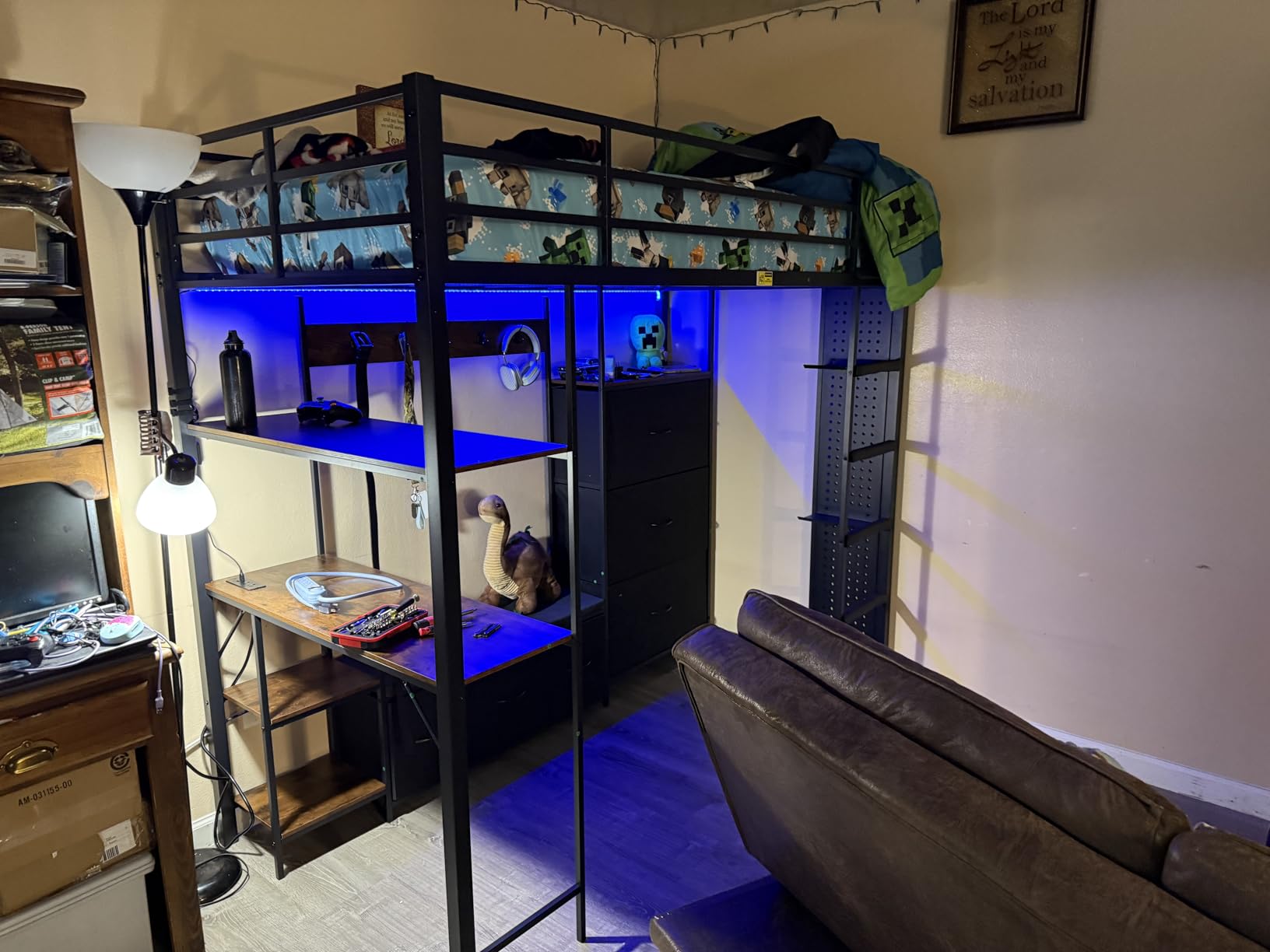 DICTAC Twin Loft Bed with 6 Storage Drawers, Coat Rack and Open Shelves Metal Twin Size Loft Bed with Desk, Charging Station and LED Light, loft beds with Large Pegboard, Stairs and Safety Guardrail, White customer photo 2