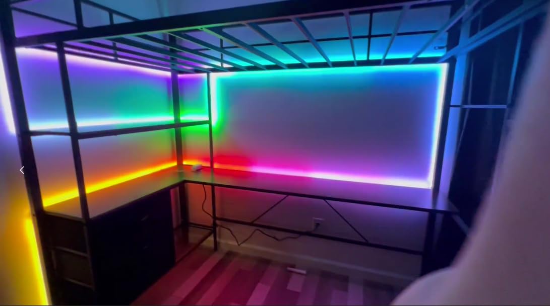DICTAC Loft Bed Full Size with U-Shaped Desk, 7 Storage Drawers and Charging Station, Metal Full Loft Bed with Led Lights and 2-tier Storage Shelves, loft full bed with Safety Guardrail and Ladders, White customer photo 1