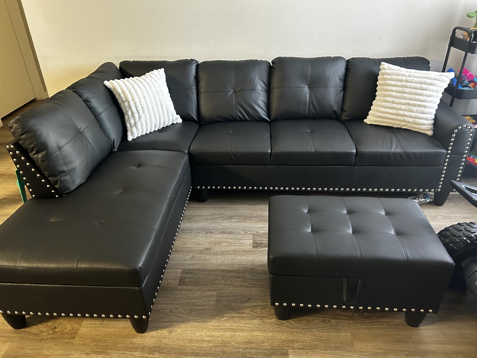 Leather 3-Piece L-Shaped Couches for Living Room, Sectional Sofa with Storage Ottoman & Movable Chaise, Modular Convertible Couch for Bedroom & Apartment, Midnight Black customer photo 2