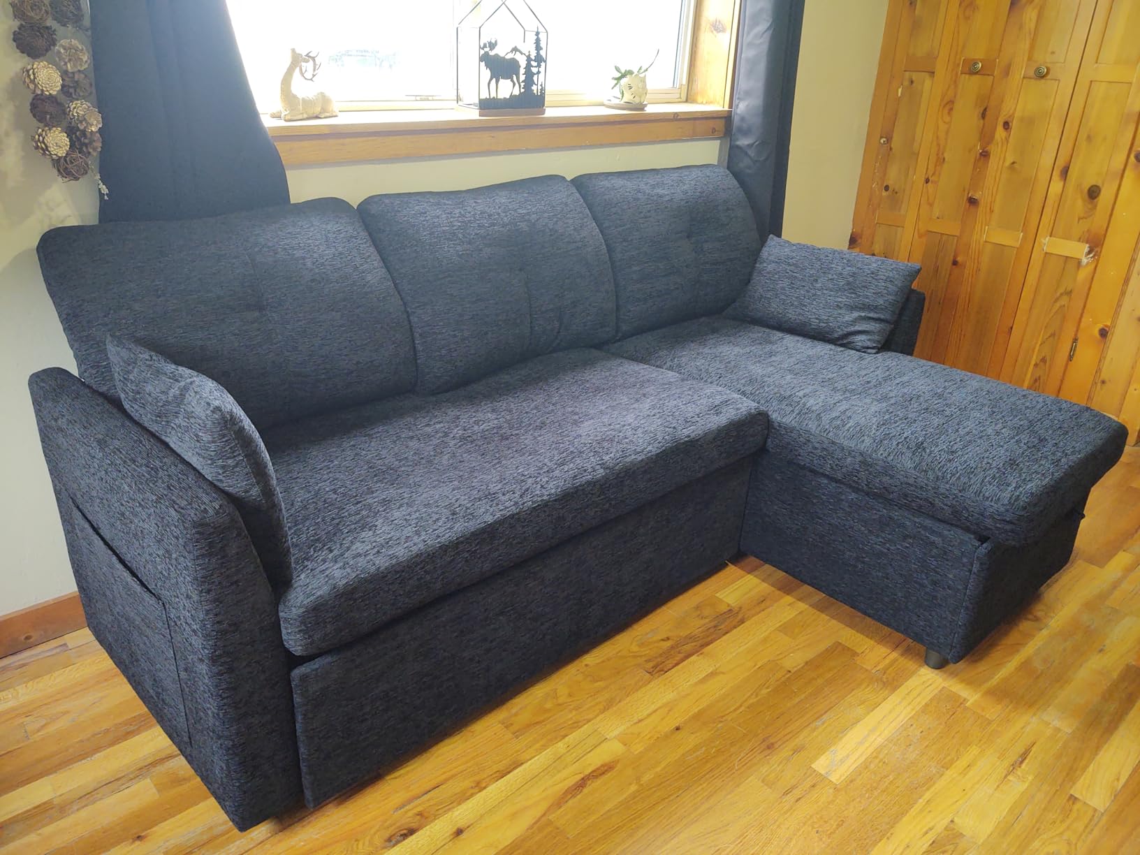 Huatean Home Sleeper Sofa Couch, Sectional Sofa Bed, Dark Grey | 2 in 1 Pull Out Couch with Double Storage Chaise, Sectional Sleeper Sofa Bed with Side Pocket for Living Room customer photo 2