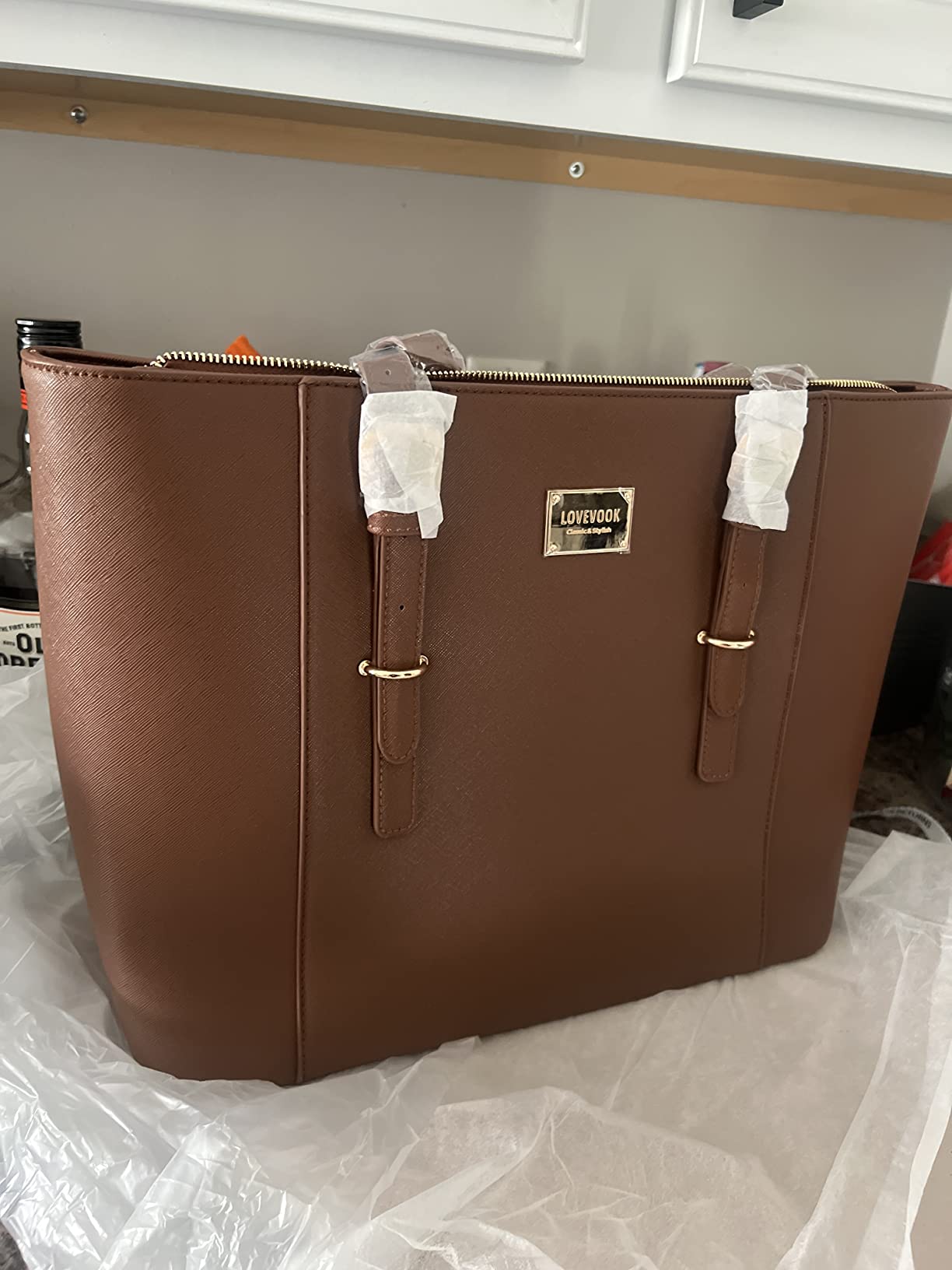 LOVEVOOK Laptop Tote Bag for Women, Vintage Leather 15.6 Inch Work Tote with Large Water Bottle Pocket, Teacher Nurse Professional Computer Bag, Office Briefcase Handbag Gift, Brown customer photo 2