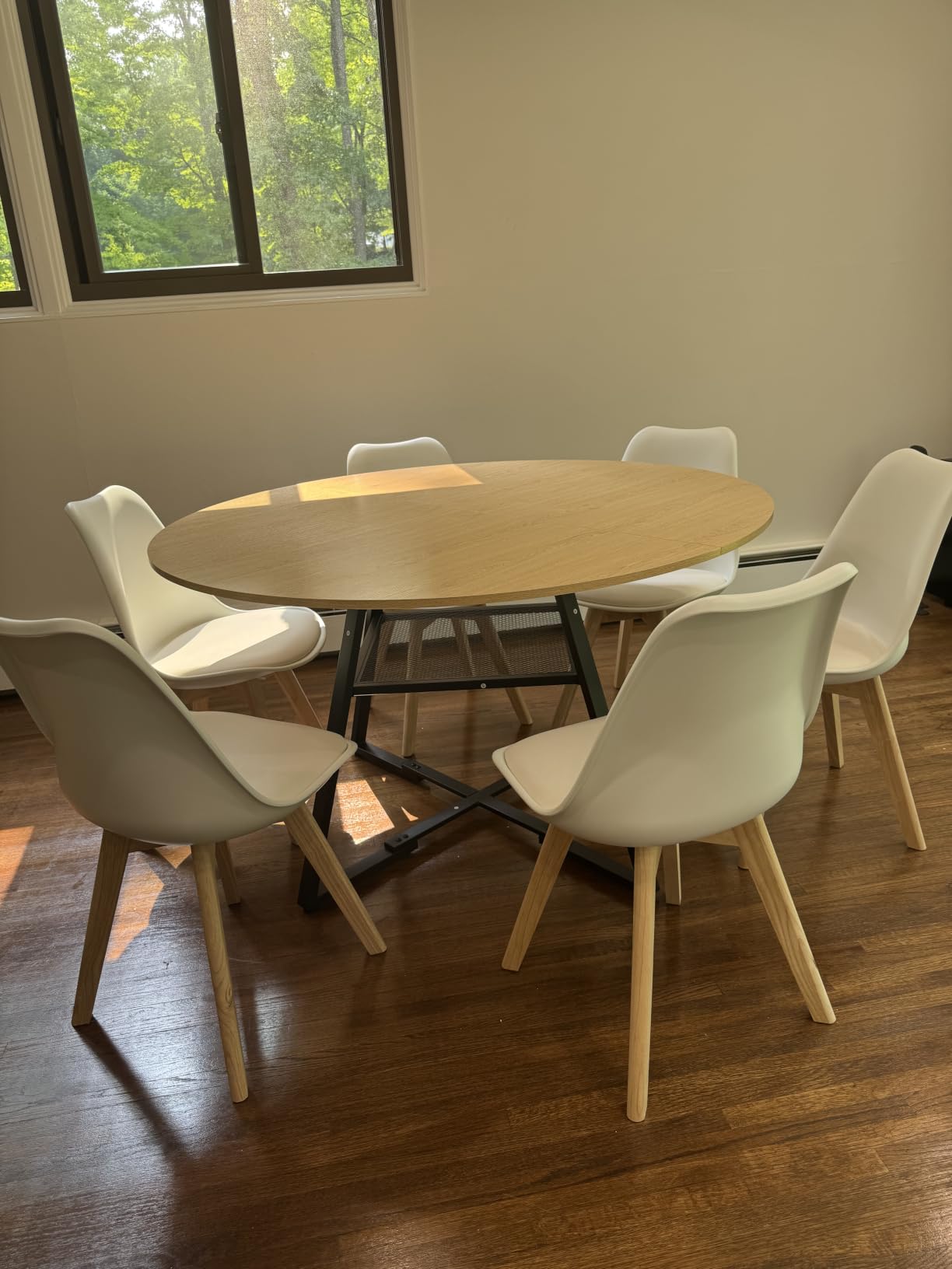 Jocoevol Round Dining Table for 4,Kitchen Dining Room Circle Dinner Pedestal Table,Space Saving Wood Kitchen & Dining Room Furniture (Vintage, 46In) customer photo 2