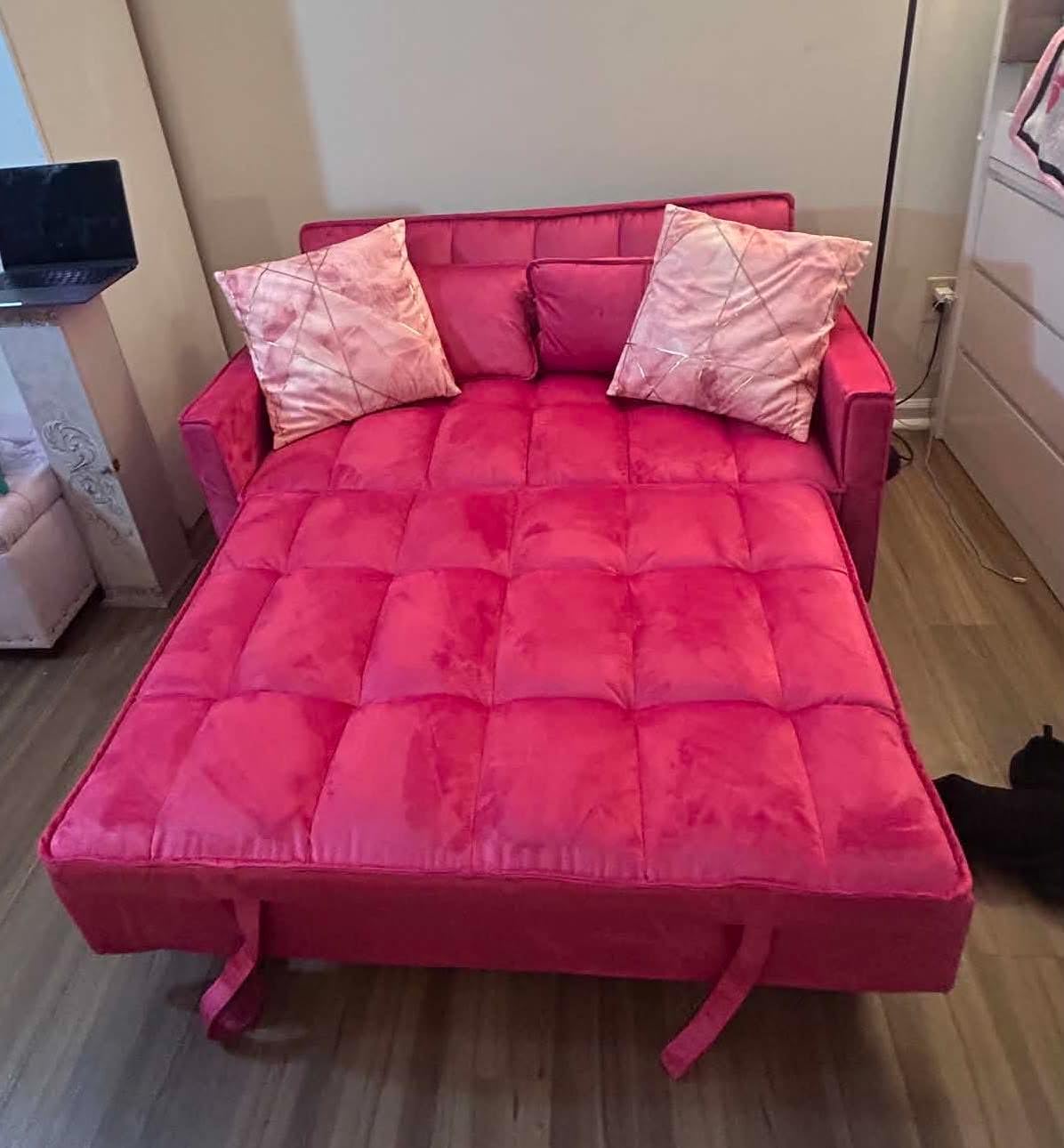 Sleeper Sofa Bed with Adjustable Backrest & Side Pockets, White customer photo 2